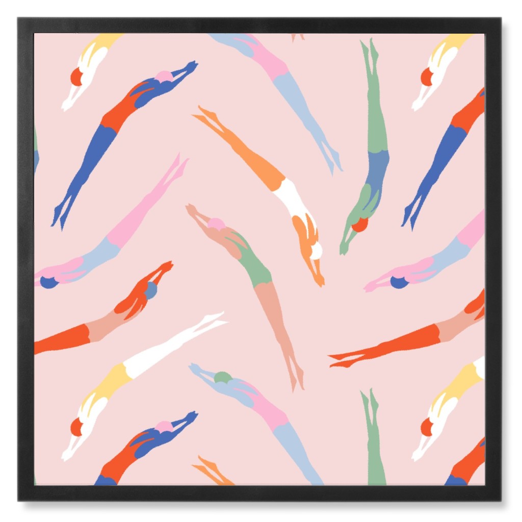 Art Deco Divers - Pink Photo Tile, Black, Framed, 8x8, Pink, Bright Pink