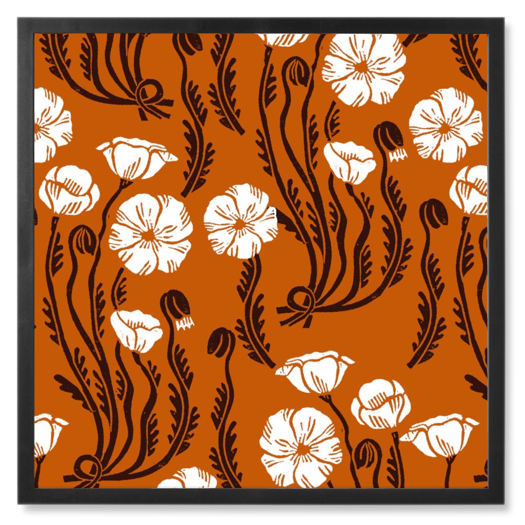 Poppy, Fall Harvest Block Printed Vintage Florals Photo Tile, Black, Framed, 8x8, Orange