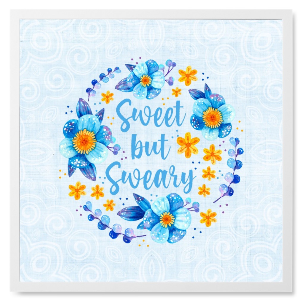 Sweet but Sweary Folk Floral - Blue Photo Tile, White, Framed, 8x8, Blue