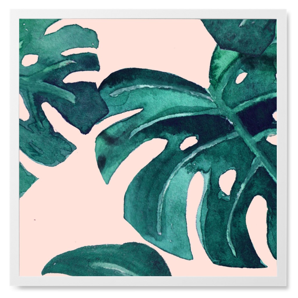 Watercolor Monstera Leaves - Green on Blush Pink Photo Tile, White, Framed, 8x8, Green