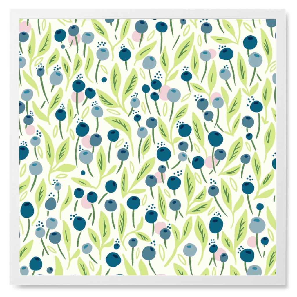 Blueberries - Blue and Green Photo Tile, White, Framed, 8x8, Blue, True Blue