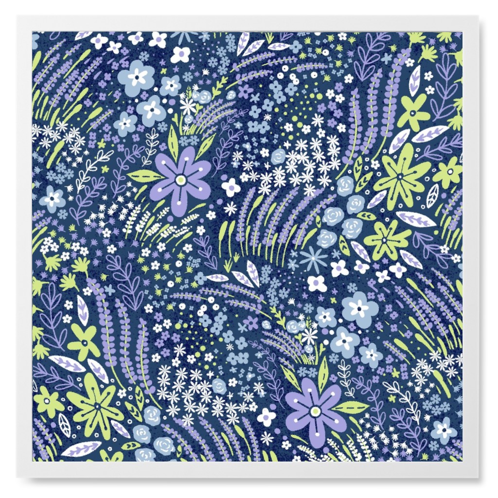 Meadow Floral - Blue Photo Tile, White, Framed, 8x8, Blue