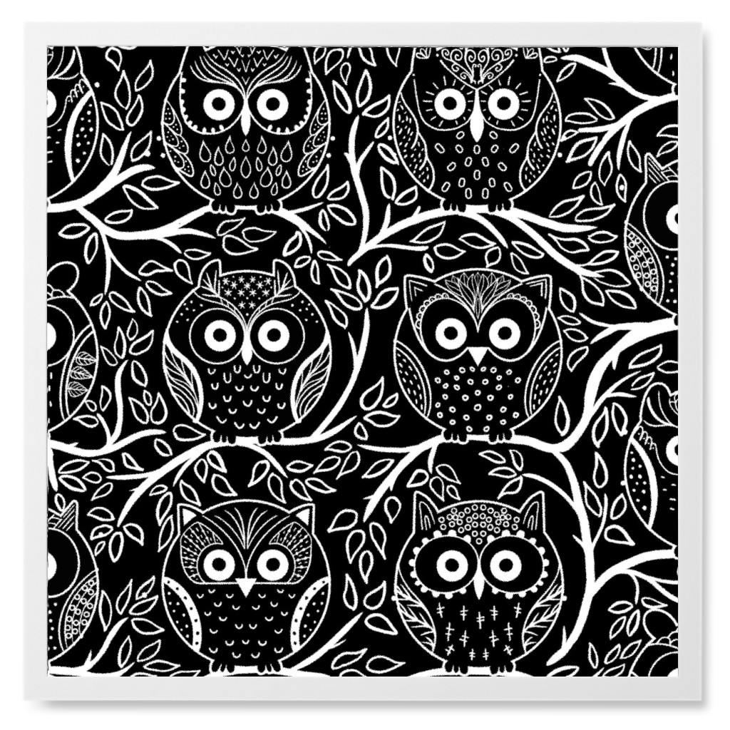 Line Art Owls - Black Photo Tile, White, Framed, 8x8, Black, Black