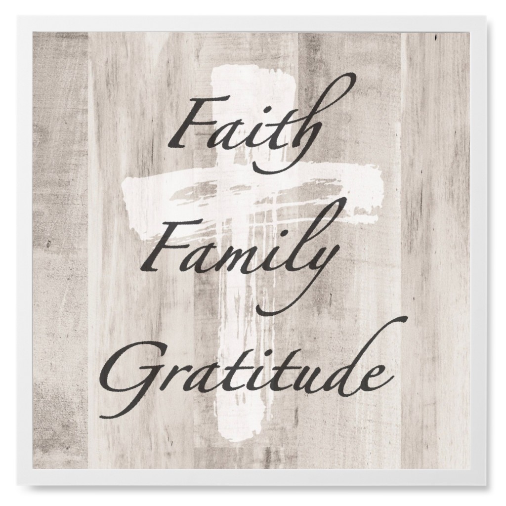 Faith, Family, Gratitude Cross - Wood Photo Tile, White, Framed, 8x8, Brown