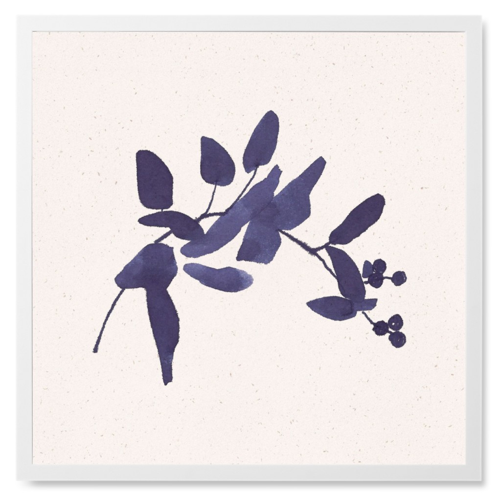 Watercolor Delicate Berry Branch - Indigo Photo Tile, White, Framed, 8x8, Blue