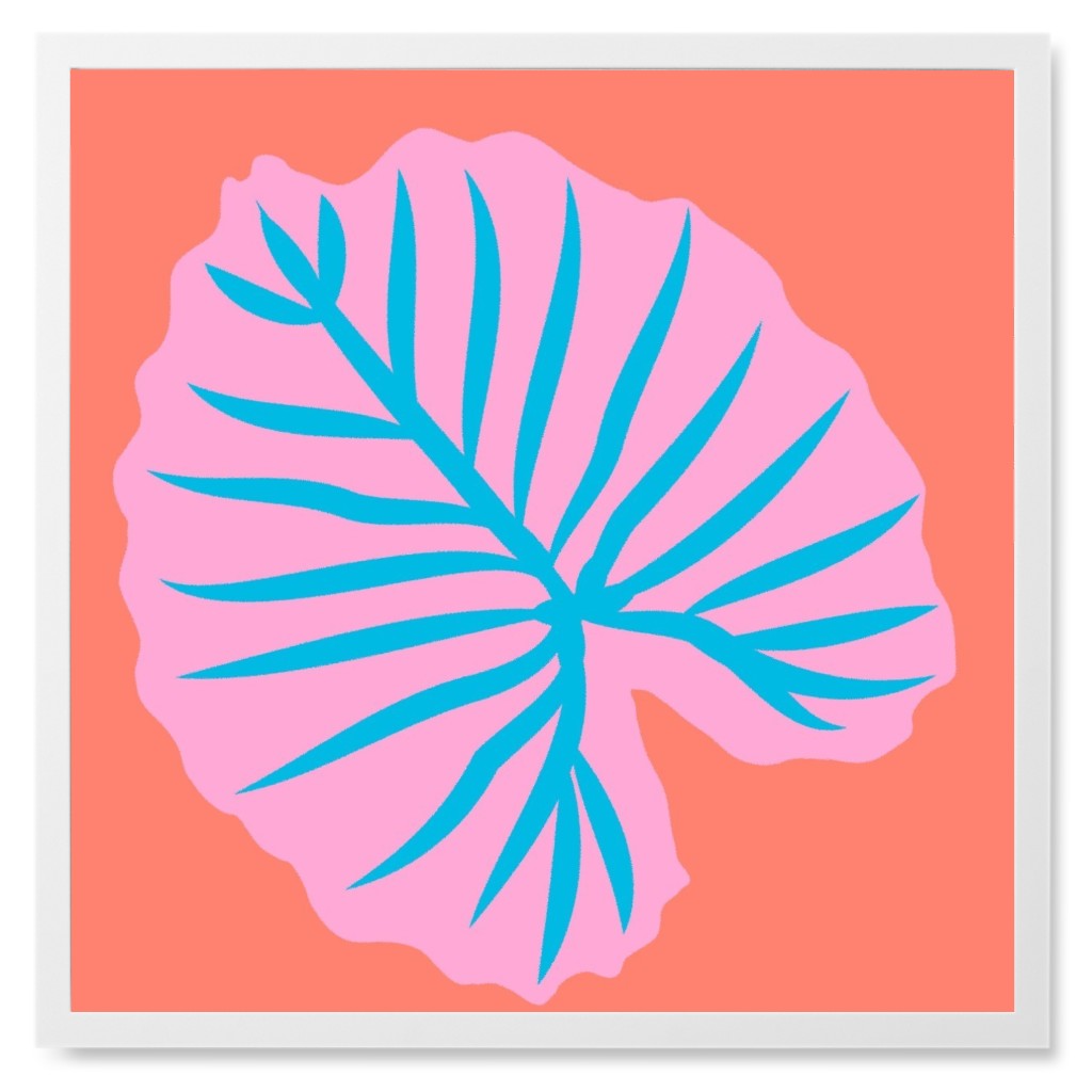 Bold Tropical Leaf - Red and Pink Photo Tile, White, Framed, 8x8, Orange