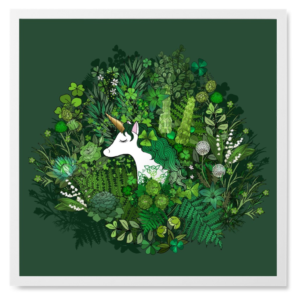 Irish Unicorn in a Garden - Green Photo Tile, White, Framed, 8x8, Green, Classic Green