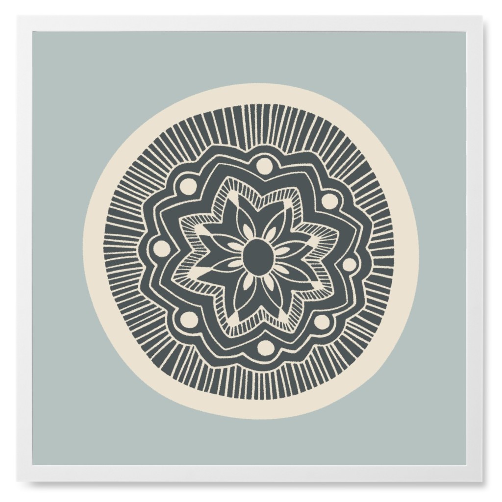 Woodcut Mandala Iii Photo Tile, White, Framed, 8x8, Blue, Cool Gray