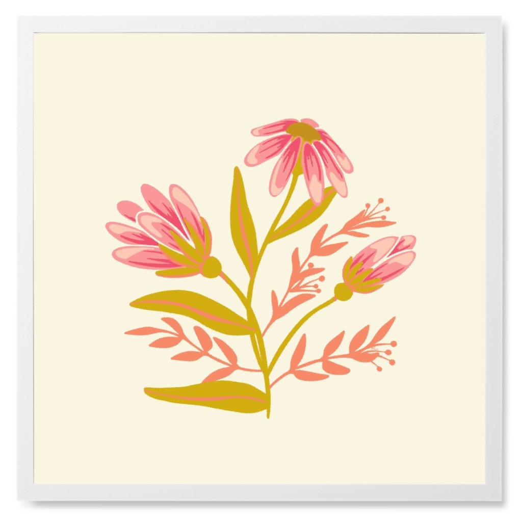 Simple Flowers - Pink Photo Tile, White, Framed, 8x8, Pink