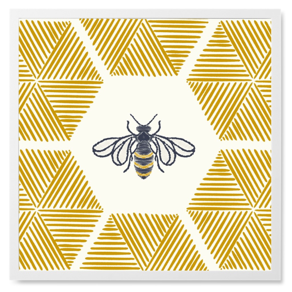 Stitched Bee Photo Tile, White, Framed, 8x8, Yellow, Golden