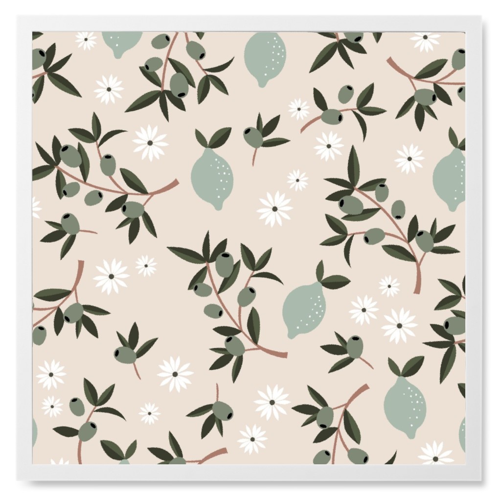 Italian Summer Olives and Citrus Garden Photo Tile, White, Framed, 8x8, Beige, Silver Lining