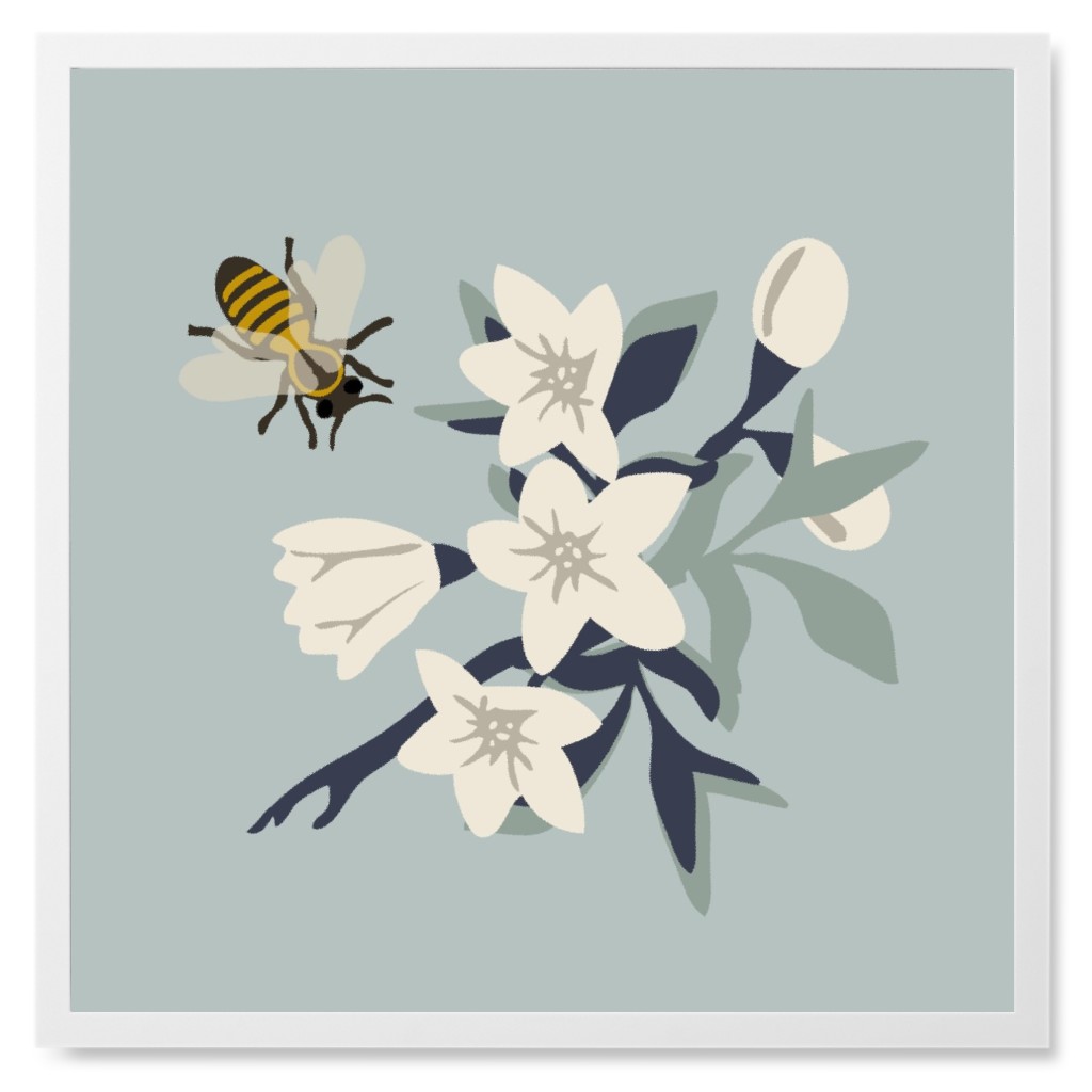 Bee and Flowers - Blue Photo Tile, White, Framed, 8x8, Blue