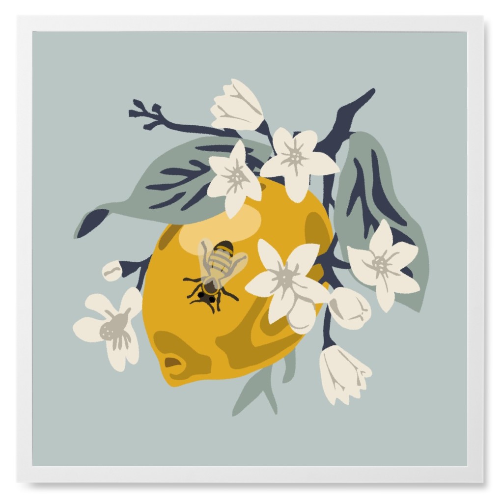 Bee and Lemon - Blue Photo Tile, White, Framed, 8x8, Blue, True Blue