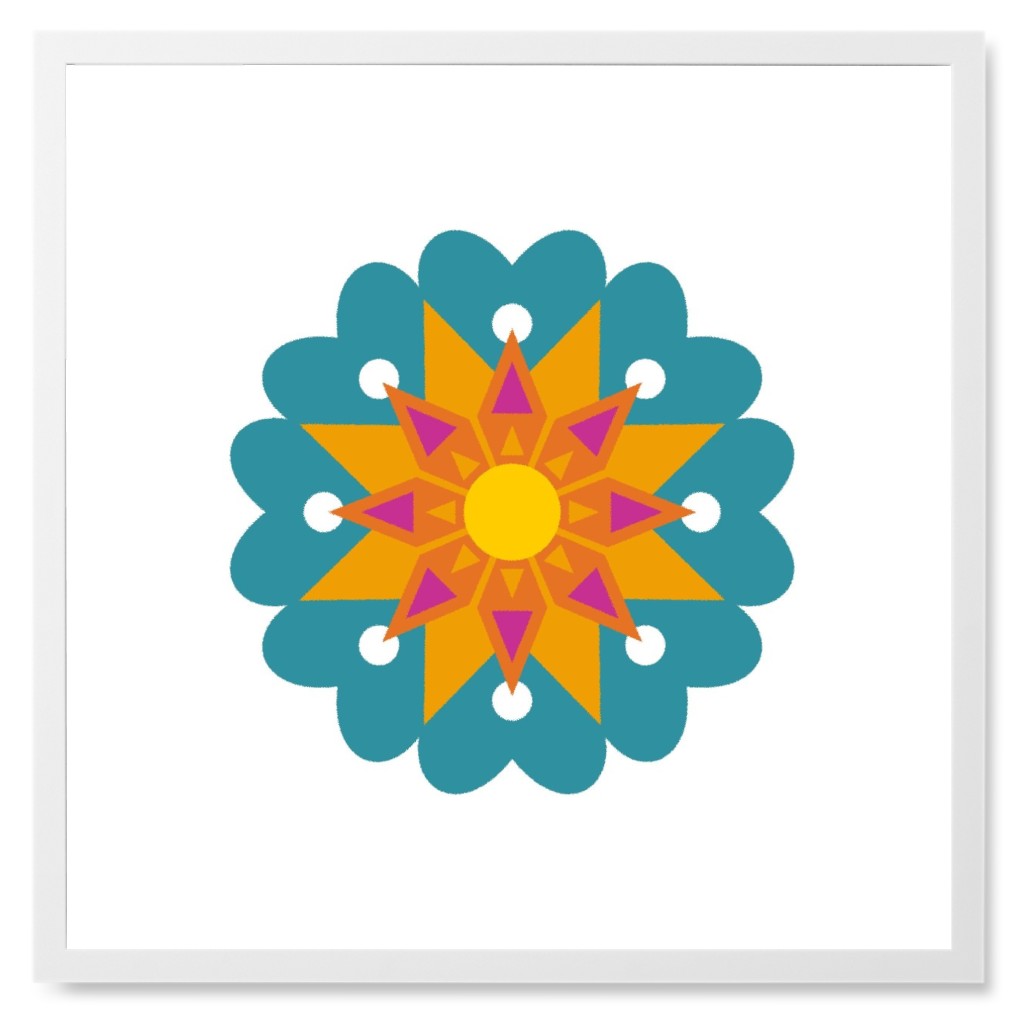 Scandi Flower - Teal and Orange Photo Tile, White, Framed, 8x8, Blue, True Blue