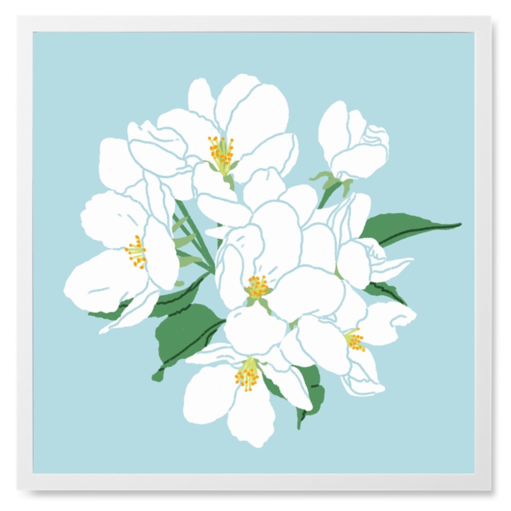 Apple Tree Blossoms - White and Blue Photo Tile, White, Framed, 8x8, Blue, True Blue