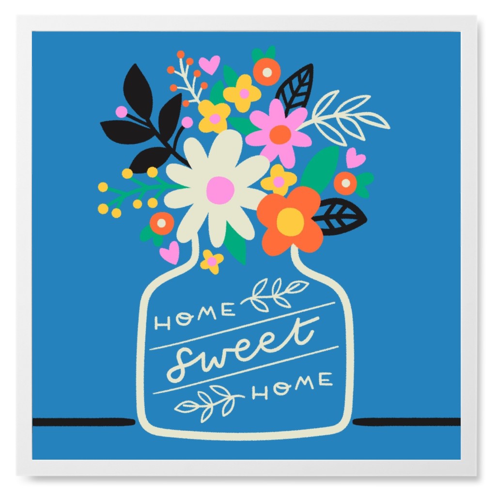 Home Sweet Home - Multi on Blue Photo Tile, White, Framed, 8x8, Blue