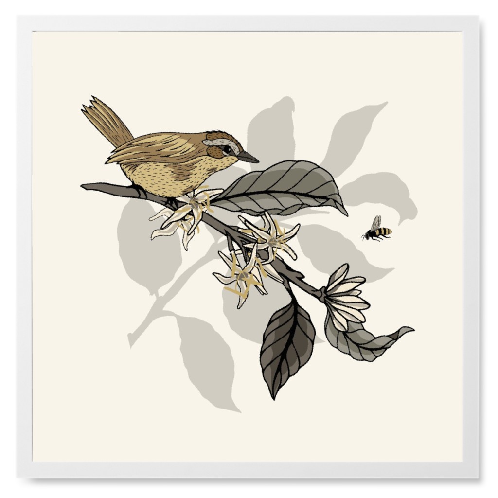 Bird on Coffee Plant - Neutral Photo Tile, White, Framed, 8x8, Beige, Pearl