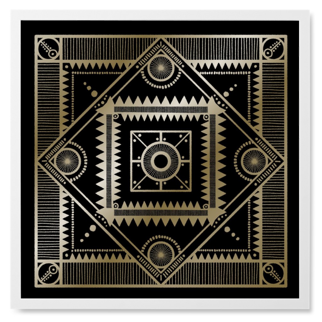 Tribal Geometric Tile Photo Tile, White, Framed, 8x8, Black, Coal