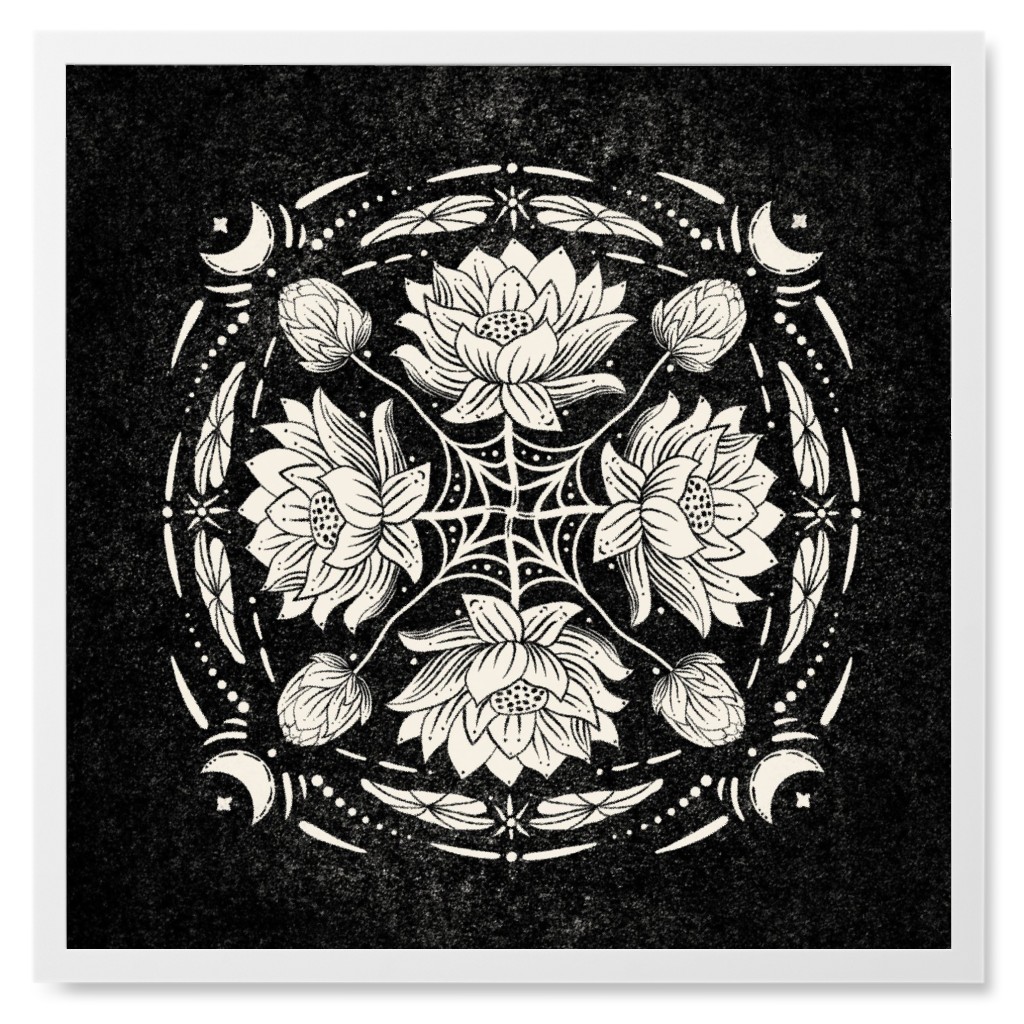 Lotus Flower Mandala - Black and Cream Photo Tile, White, Framed, 8x8, Black