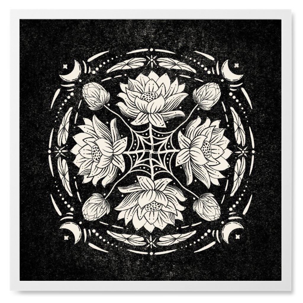Lotus Flower Mandala - Black and Cream Photo Tile, White, Framed, 8x8, Black, Black