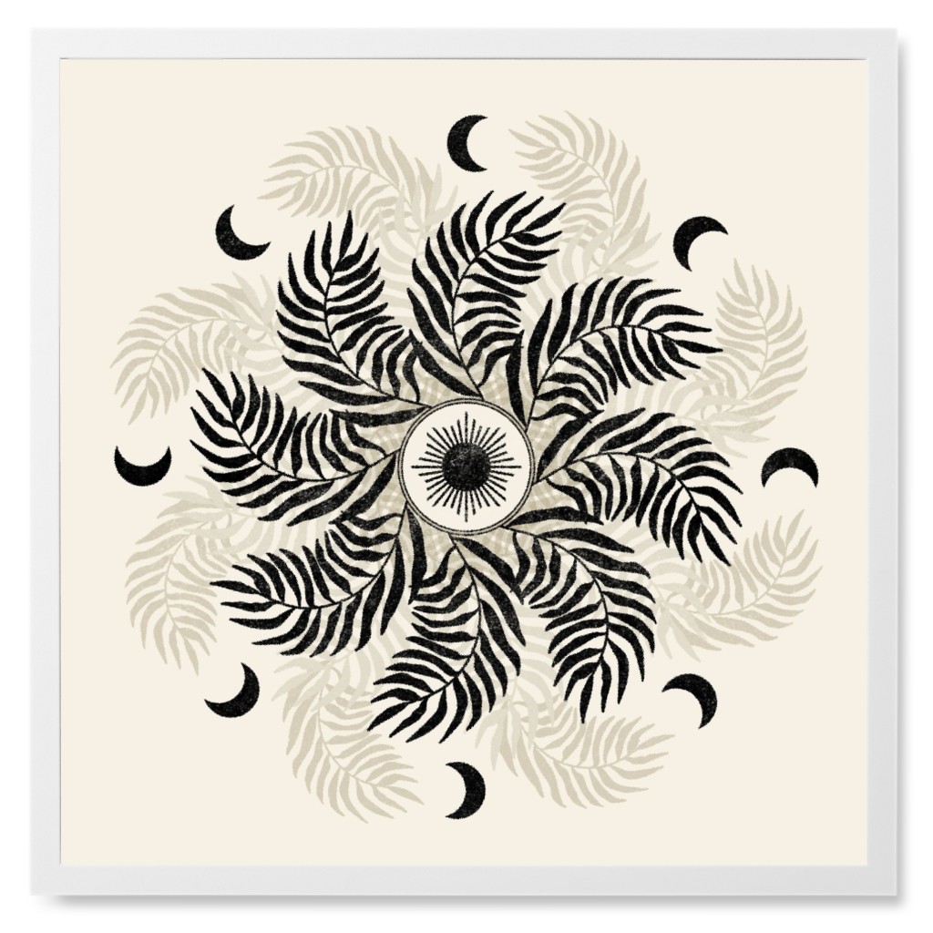 Palm Mandala - Cream and Black Photo Tile, White, Framed, 8x8, Beige