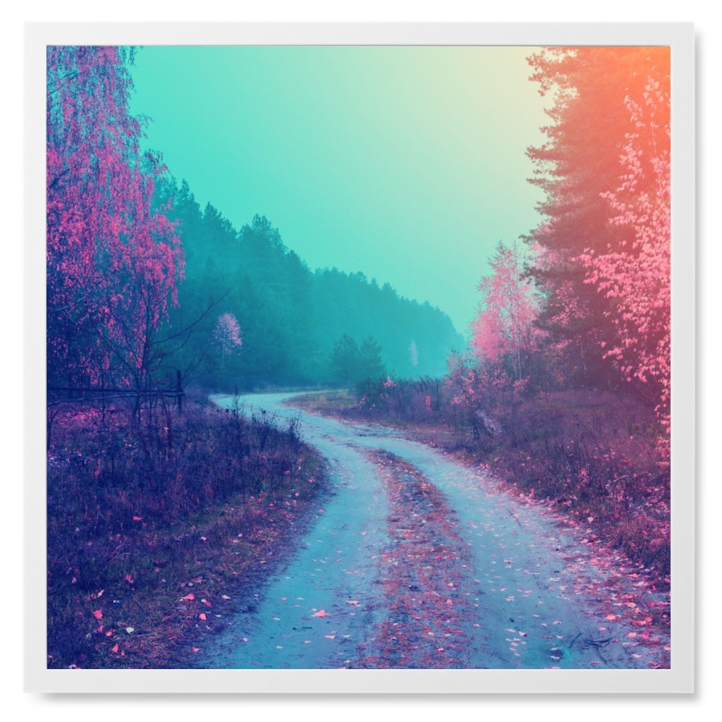 Hazy Fall Road Photo Tile, White, Framed, 8x8, Green, Classic Green