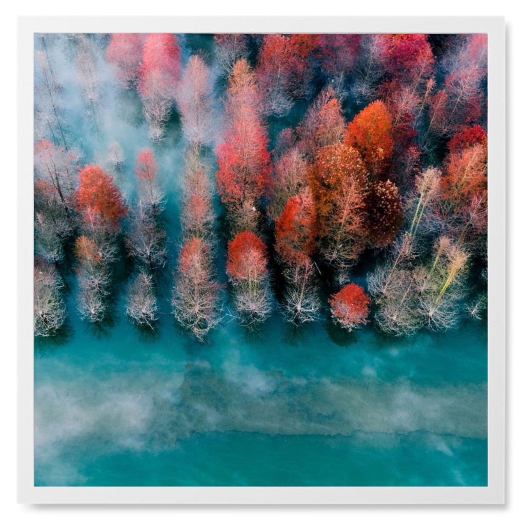 Autumn Tree Line Photo Tile, White, Framed, 8x8, Green