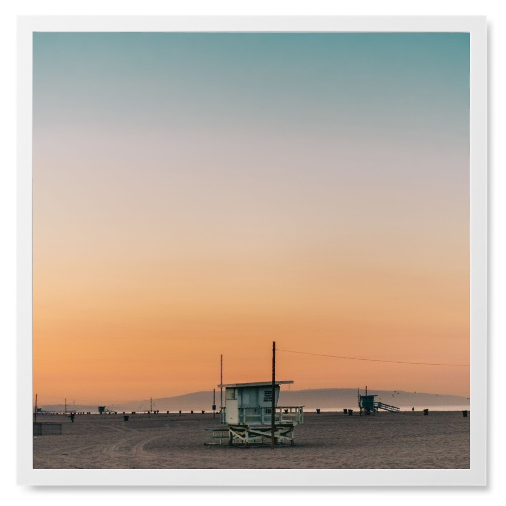 Lifeguard Stands At Sunset Photo Tile, White, Framed, 8x8, Multicolor
