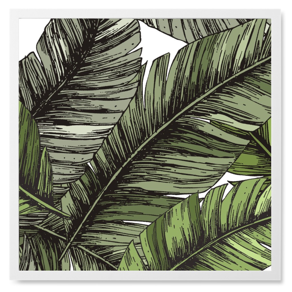 Tropical Palm Leaves - Green Photo Tile, White, Framed, 8x8, Green