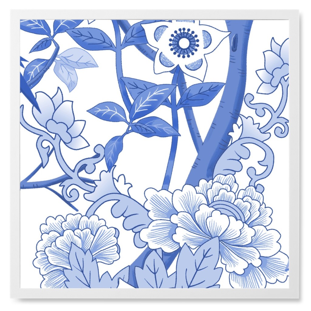 Parrots and Peonies Chinoiserie - Blue Photo Tile, White, Framed, 8x8, Blue, True Blue