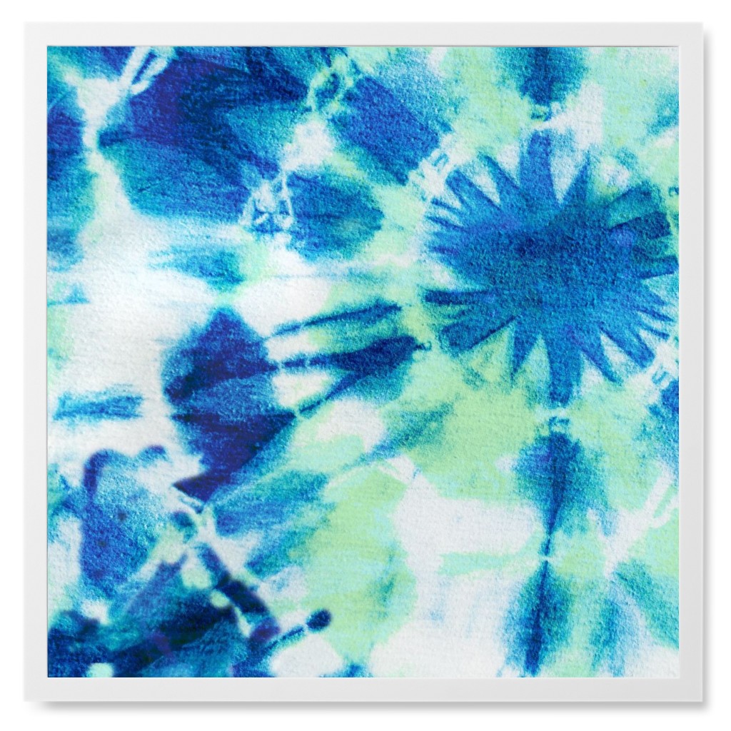 Tie Dye Ink Splat Indigo and Green Photo Tile, White, Framed, 8x8, Blue, True Blue