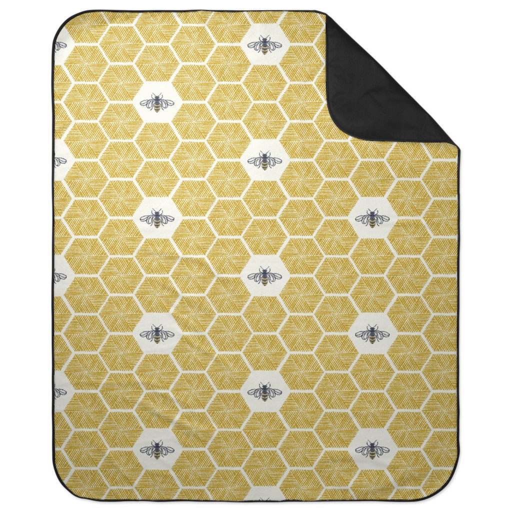 Bees & Honeycomb - Gold Picnic Blanket, Yellow