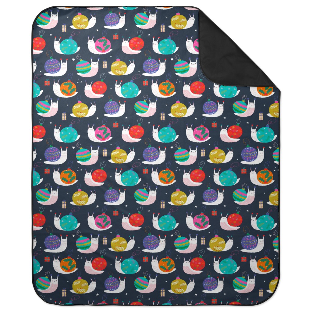 Christmas Bauble Snails - Navy Picnic Blanket, Multicolor