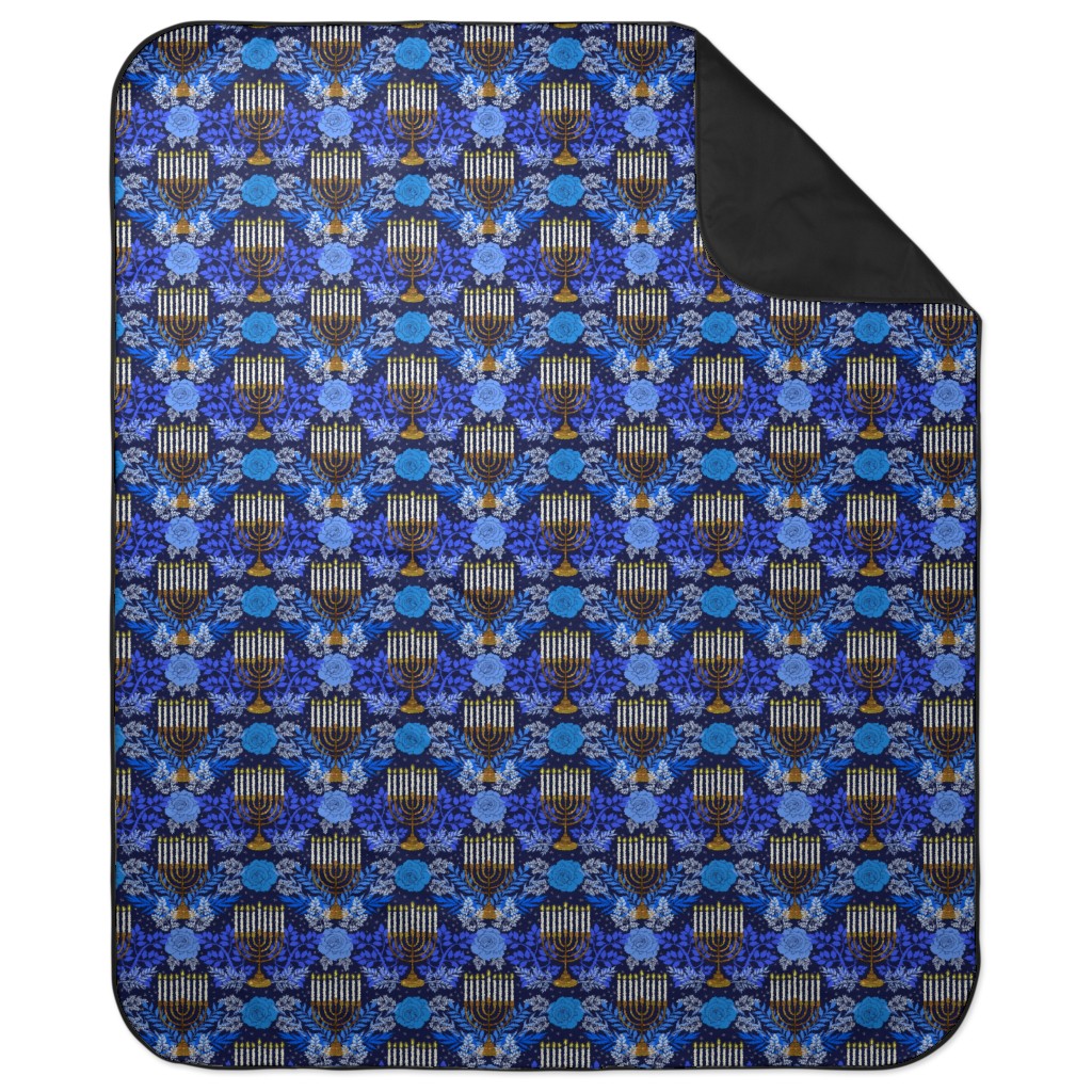 Floral Menorahs Picnic Blanket, Blue, True Blue