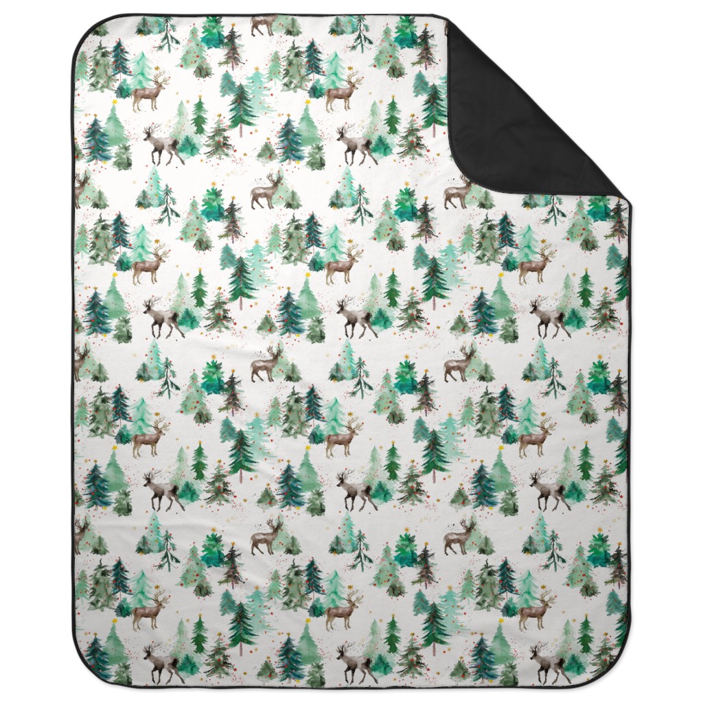 Rudolph Deer & Christmas Trees Picnic Blanket, Green