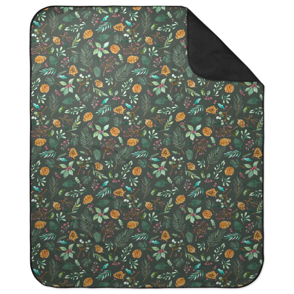 Christmas Holiday Botanical on Dark Green Picnic Blanket, Blue