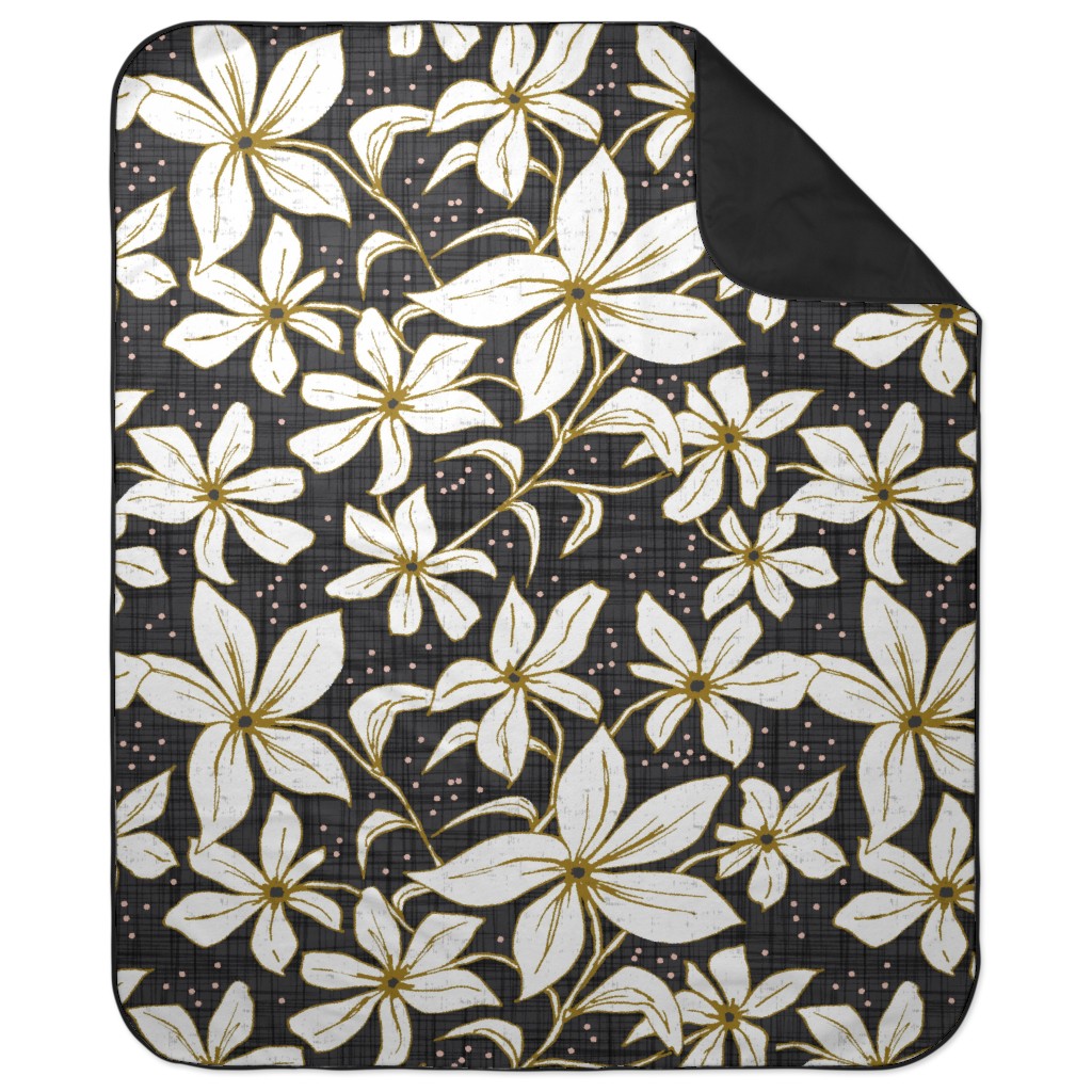 Lilium - Floral - Charcoal Black & White Picnic Blanket, Black