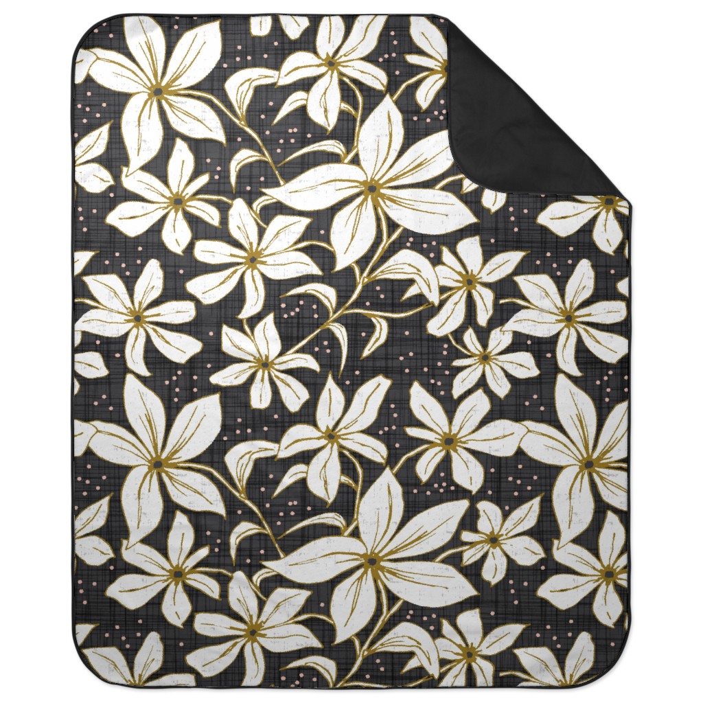 Lilium - Floral - Charcoal Black & White Picnic Blanket, Black, Black