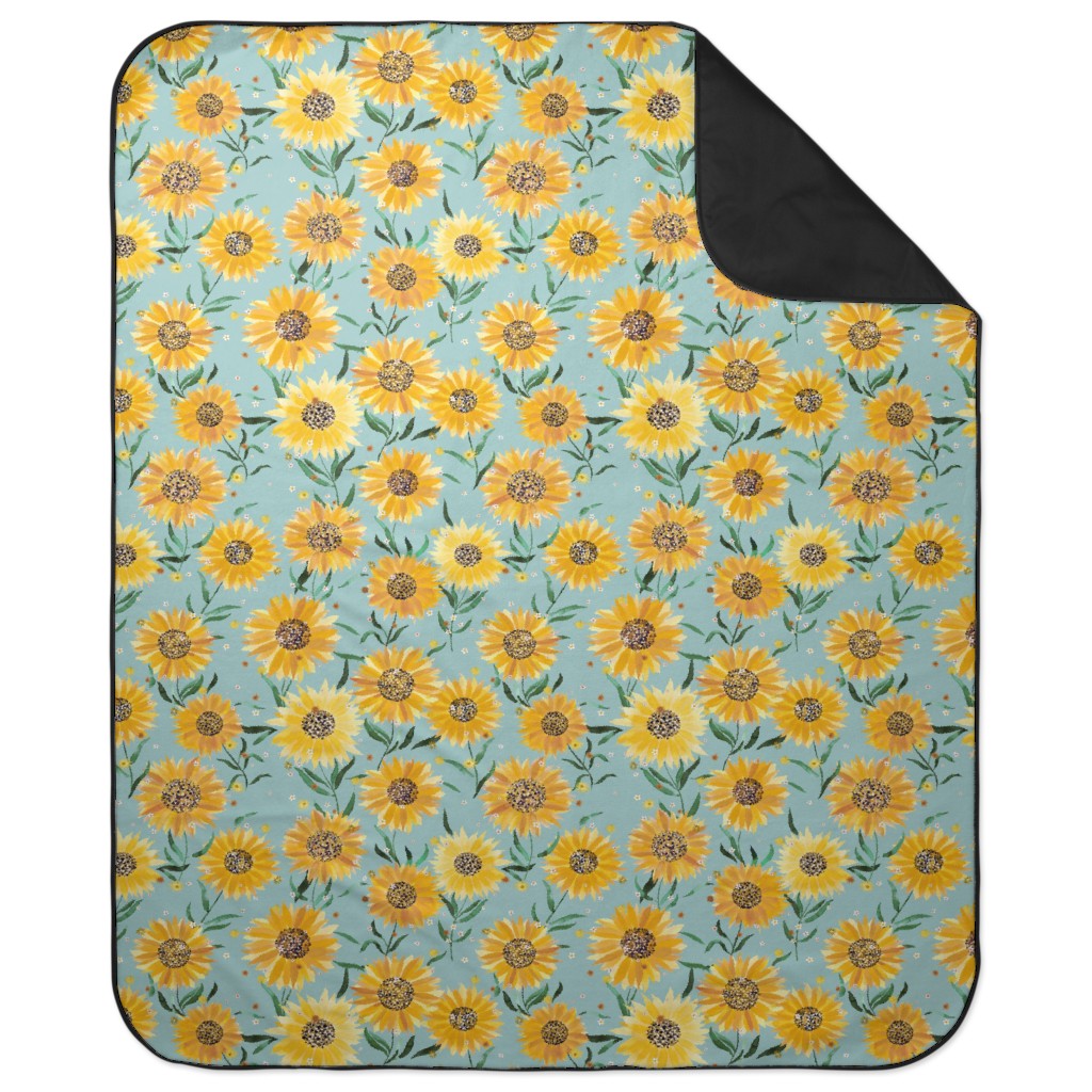Watercolor Sunflowers - Yellow on Blue Picnic Blanket, Yellow