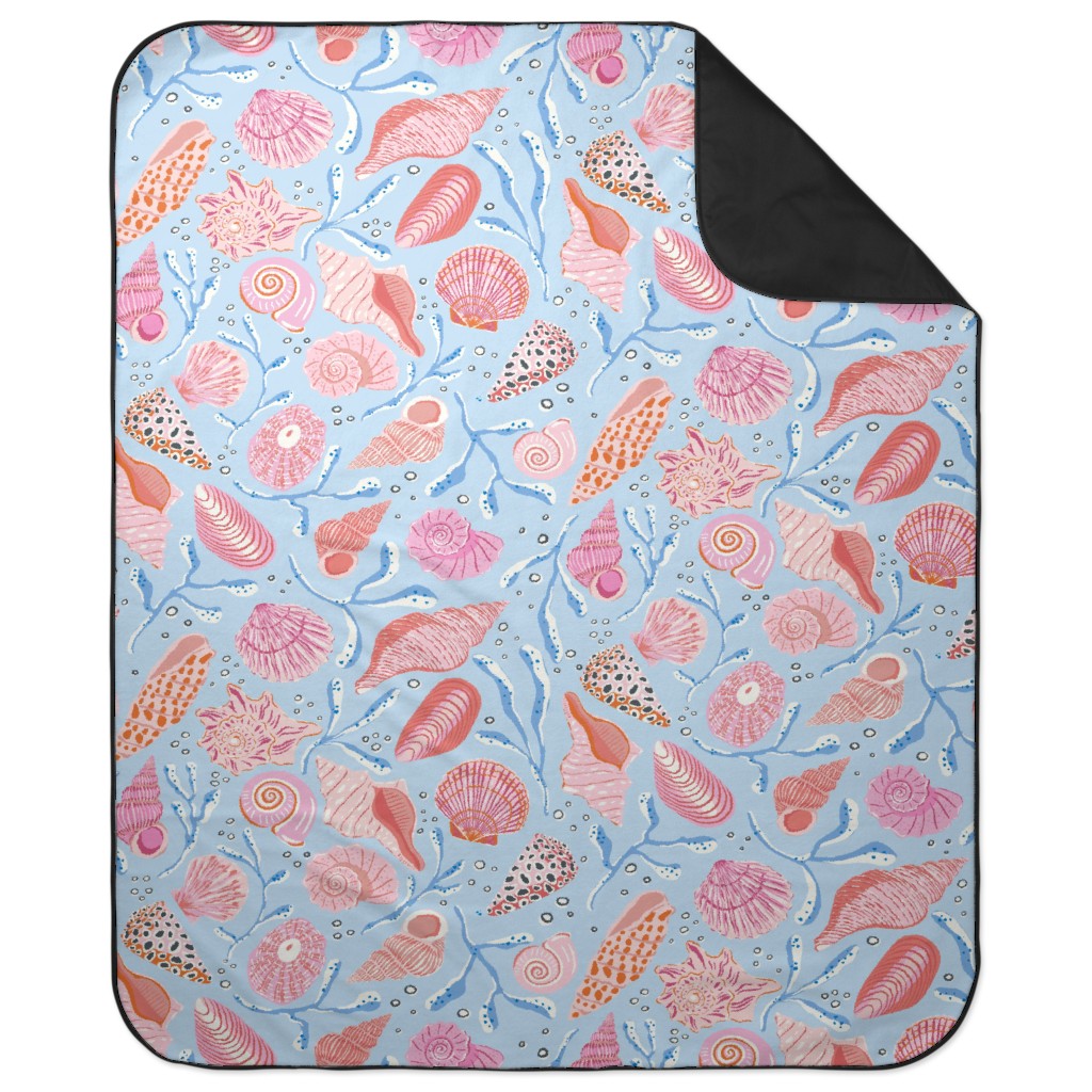 Seashells - Pink on Blue Picnic Blanket, Blue