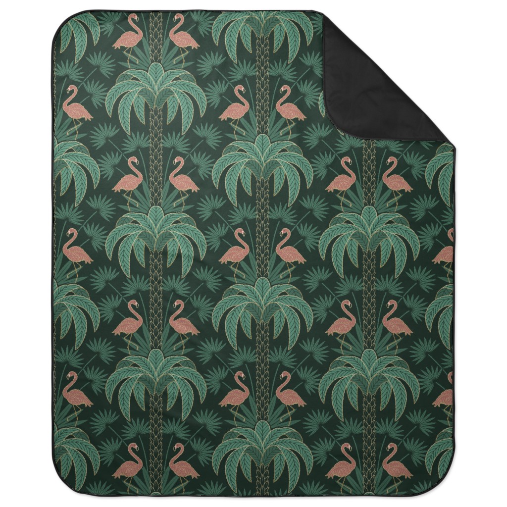 Art Deco Palm Trees and Flamingos Damask - Green and Pink Picnic Blanket, Green