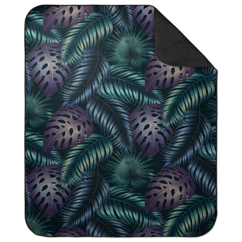 Tropical Leaves in the Moonlight - Dark Picnic Blanket, Blue