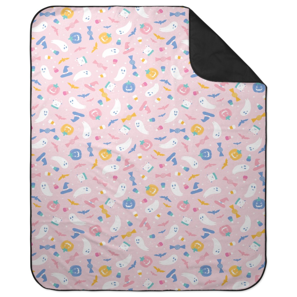 Happy Ghosts and Candy Corn - Pastel Picnic Blanket, Pink