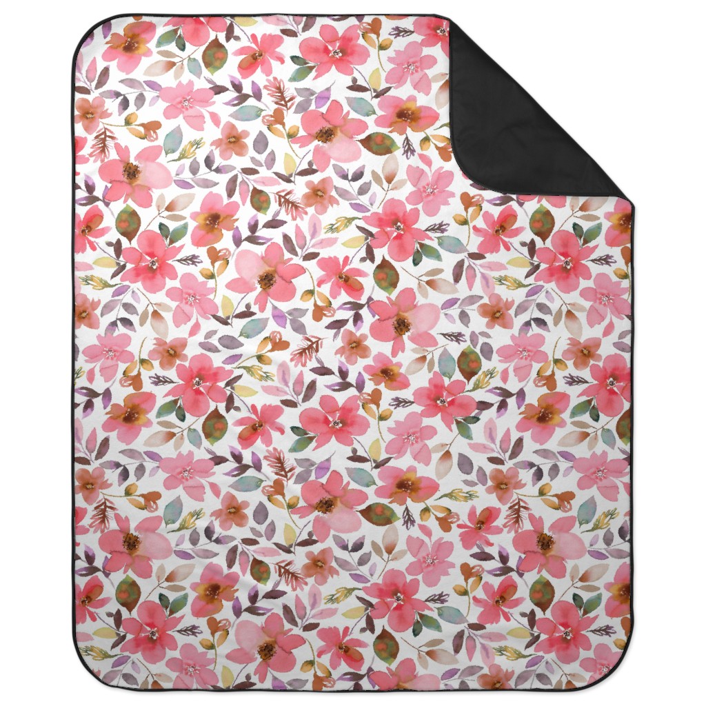 Summery Watercolor Flowers - Coral Pink Picnic Blanket, Pink, Bright Pink