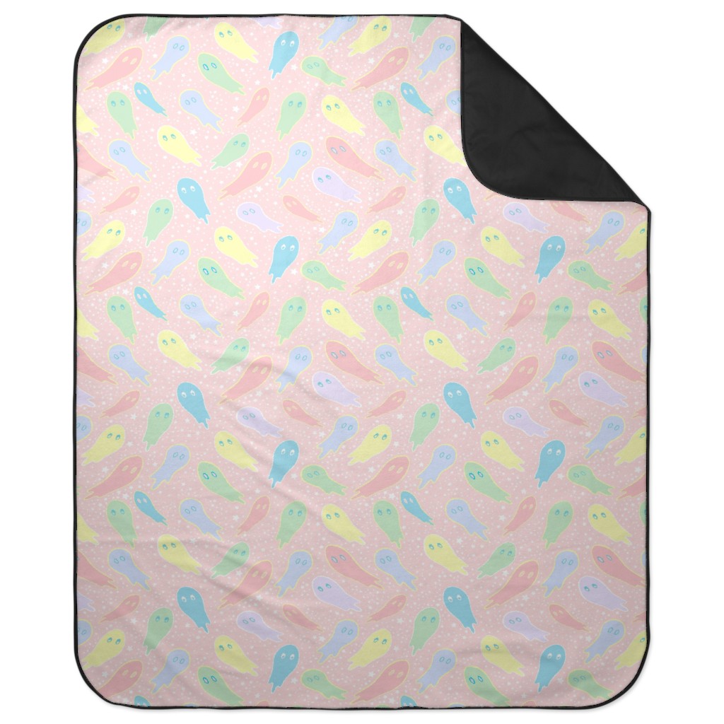 Pastel Ghosts on Pink Picnic Blanket, Multicolor