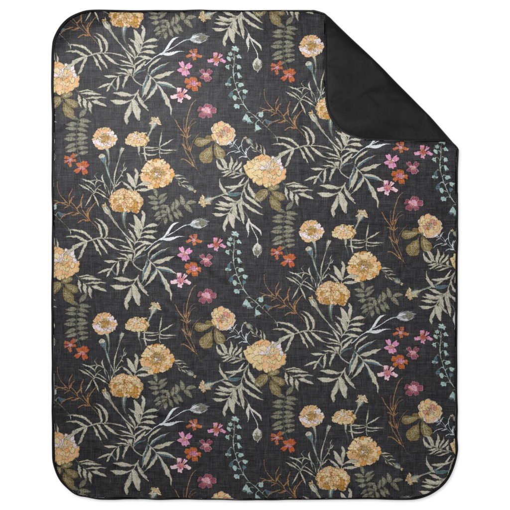 Marigold Love - Black Picnic Blanket, Black, Black