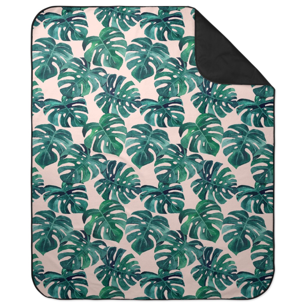 Watercolor Monstera Leaves - Green on Blush Pink Picnic Blanket, Green