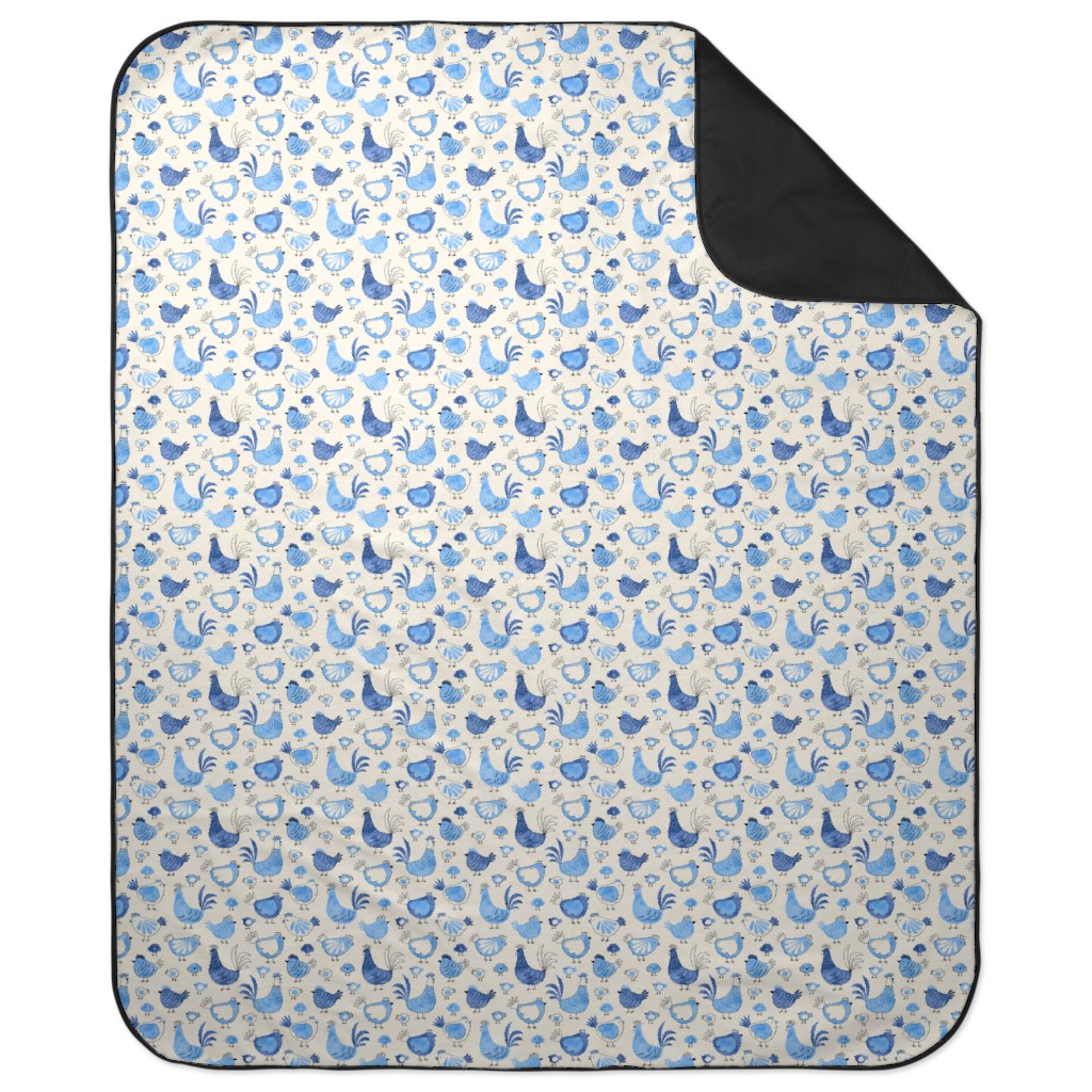 Chicken and Rooster - Watercolor - Blue on Creme Picnic Blanket, Blue