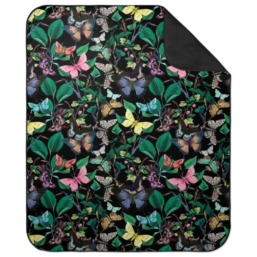 Butterfly Sanctuary - Bright on Black Picnic Blanket, Multicolor