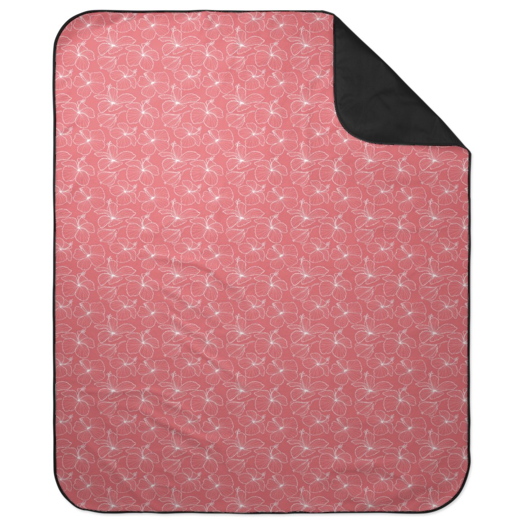 Hibiscus Line Art - Pink Picnic Blanket, Pink, Bright Pink